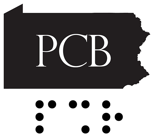 Outline of the state of Pennsylvania in black with the large white letters PCB centered inside. Below the outline are raised black dots arranged in a braille pattern representing the same abbreviation, all set against a plain white background.